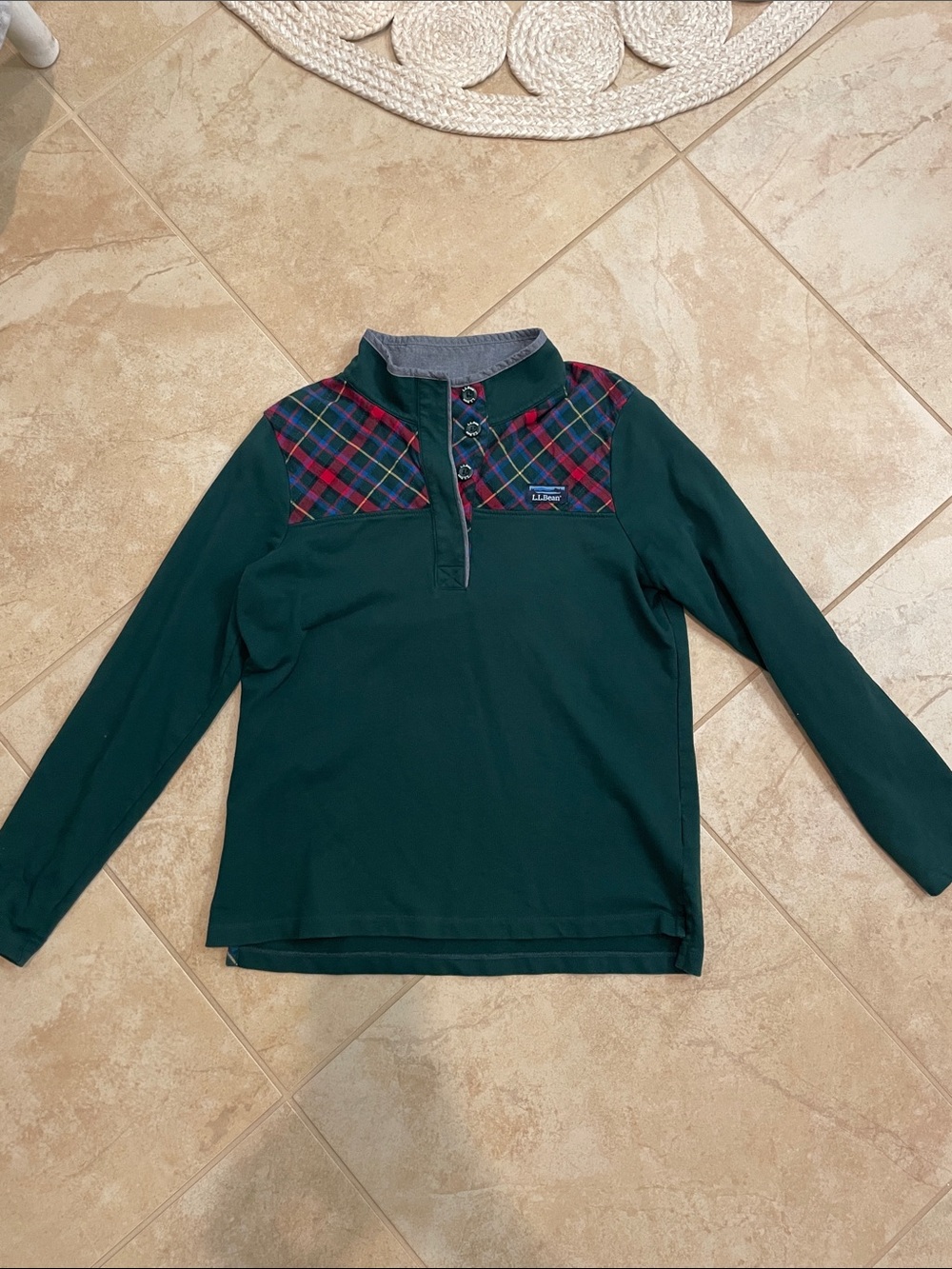 L.L. Bean Forest Green Long-Sleeve Pullover with Plaid Yoke